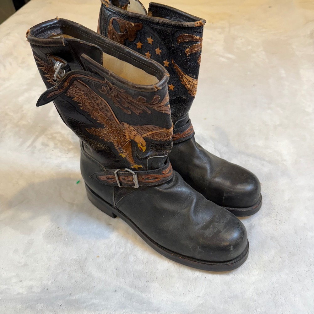 Vintage Mens Black Leather Eagle Star Tooled Motorcycle Boots 11 E 7042 - Picture 2 of 7